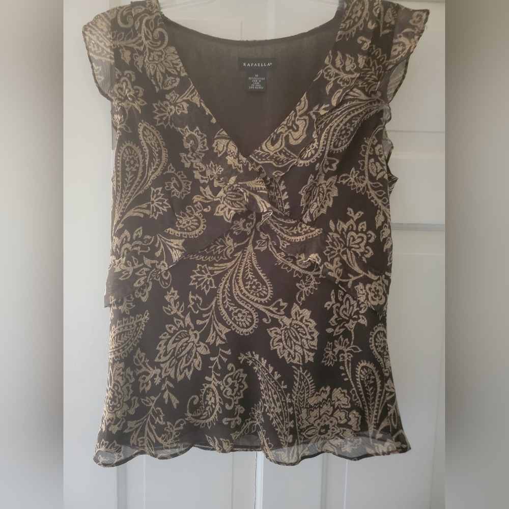 Rafaella Brown Ruffled Blouse with Cap Sleeves Size 10 Excellent Used Condition